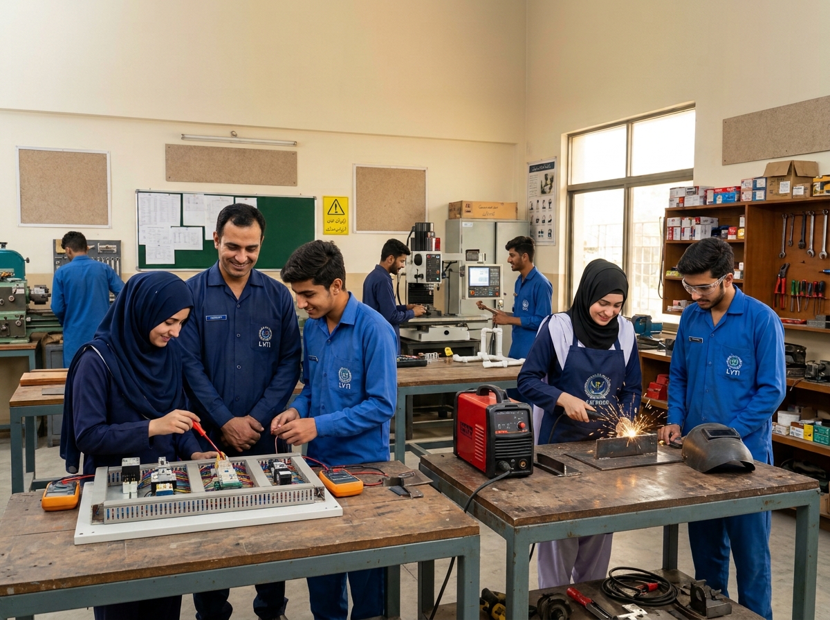 Young Pakistani trainees and an instructor working on electrical wiring and welding in a vocational workshop