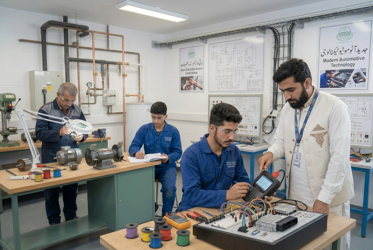 Trainees in blue overalls learning electrical and electronic work in a workshop, guided by an instructor