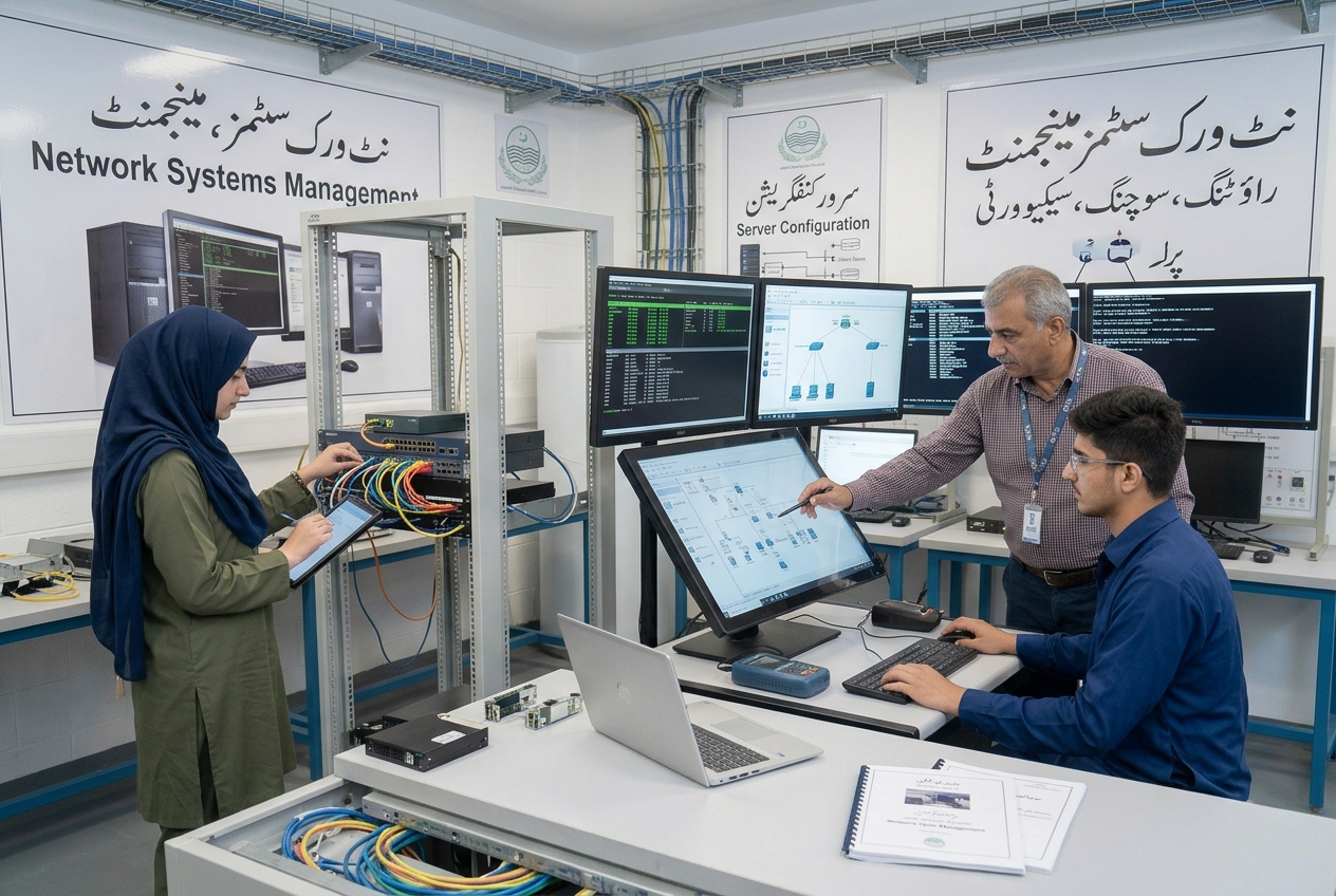 A young woman and a young man learning network systems with an instructor in a computer lab