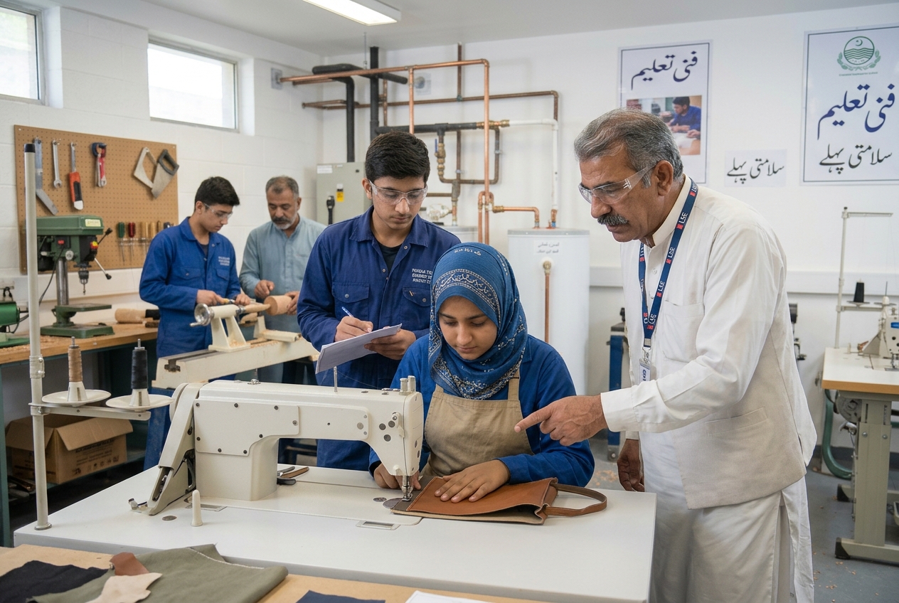 An instructor guiding a young woman at a sewing machine while other trainees work nearby